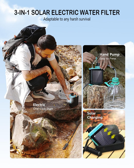 3-in-1 Solar Electric Water Filter with Hand Pump